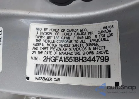 2008 Honda Civic Lx z USA, uszkodzony, nr VIN 2HGFA15518H344799
